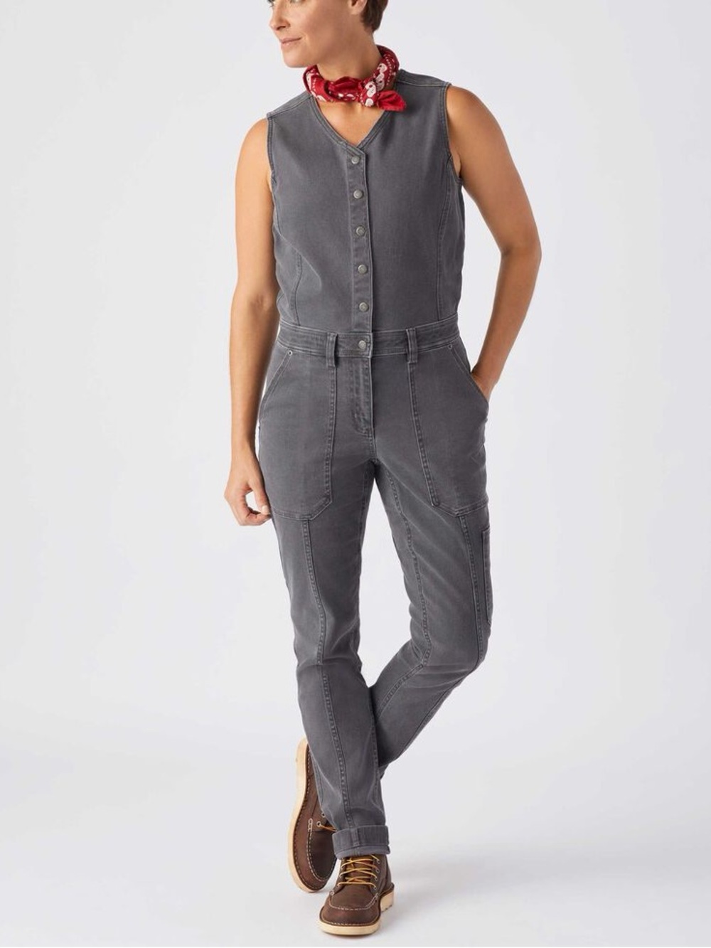Duluth Trading Co Sleeveless Button-Front Jumpsuit in Charcoal Gray